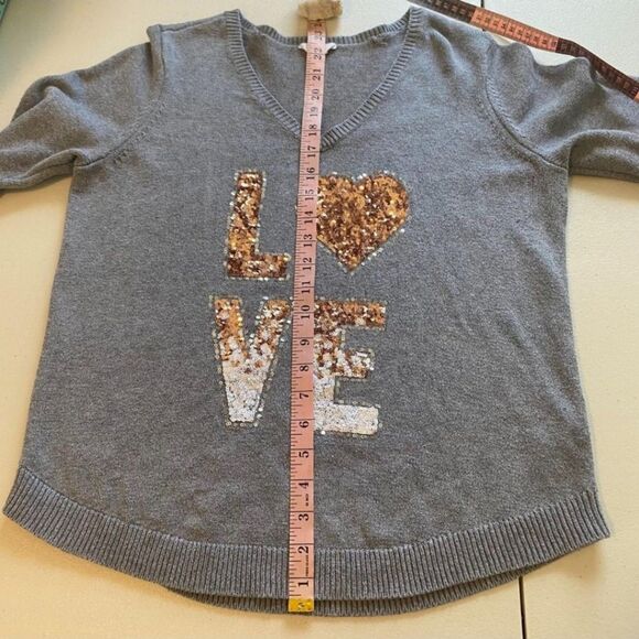 Guess Gray V Neck Sweater LOVE in Copper Silver Metallic Sequins Size L - Picture 6 of 9